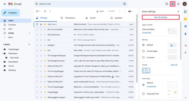 interfaz de gmail con bandeja de entrada abierta